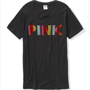 Victoria's Secret PINK Rhineston Bling Campus Tee Shirt Black Rainbow Ombre NWT
